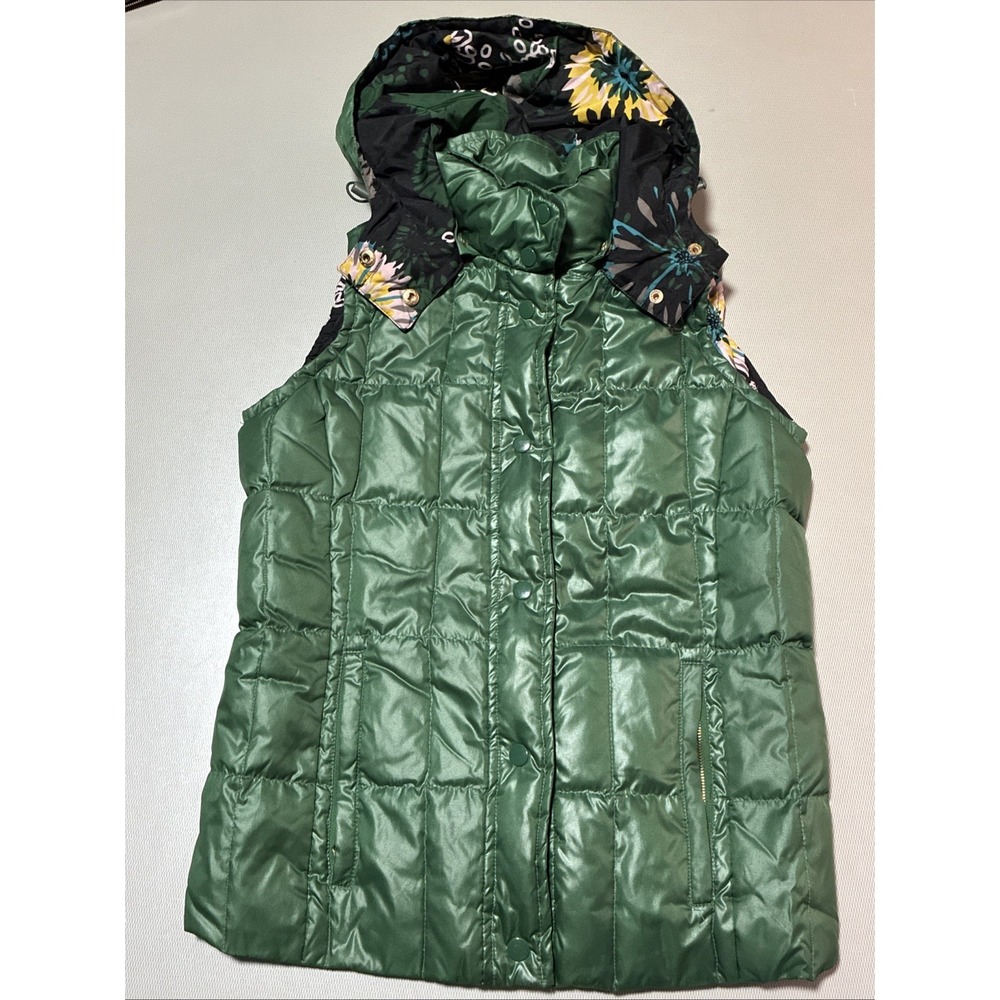 Reversible M By Missoni Green & Floral Sleeveless Hooded Puffer Vest | US Size 2